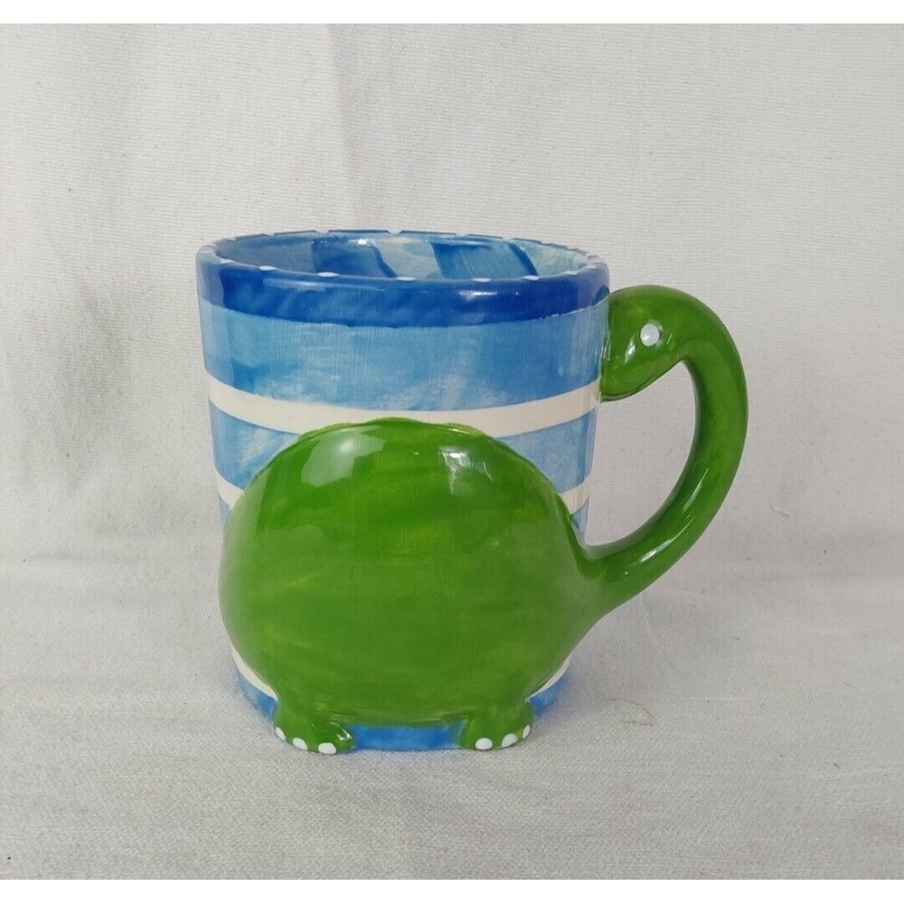Ceramic Dinosaur Mug with Green Handle | Blue Striped Pottery Coffee Cup.